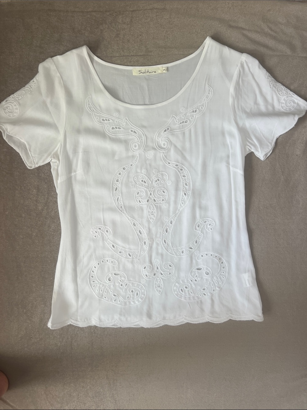 Solitaire White Embroidered Scoop Neck Blouse